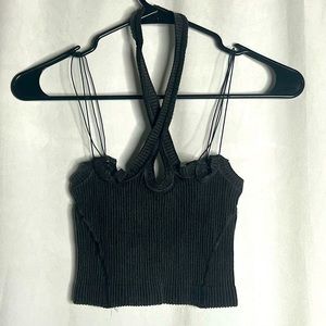 OU Halter Neck Crop Sleeveless Rib Knit Top Size S/XS
